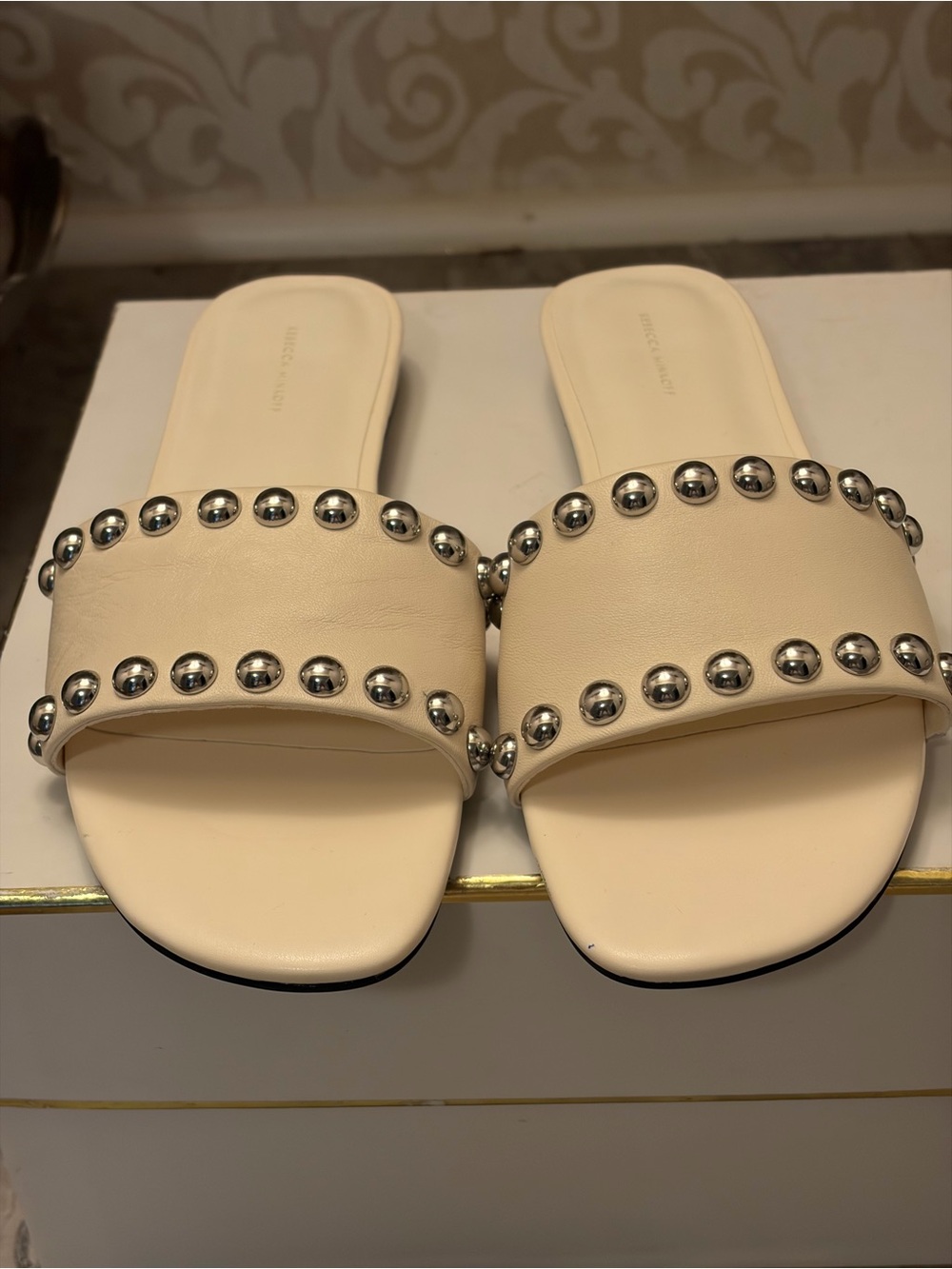 Rebecca Minkoff Cream Slide Sandals with Silver Studs
